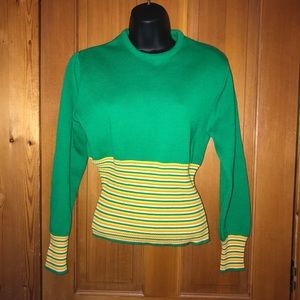 Vintage Woman's Lido Grass Green Yellow White Striped 50% Wool Sweater Lg